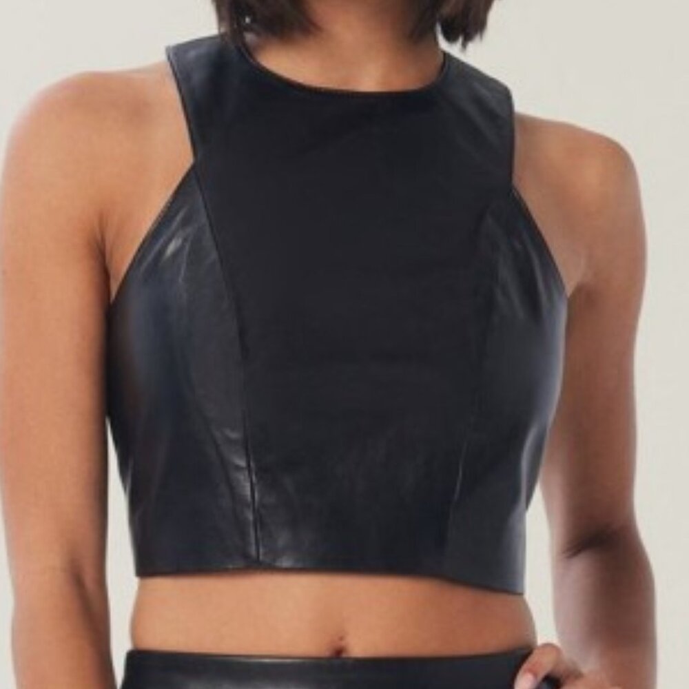NWT Lita By Ciara Womens Black Lamb Leather Sleeveless Crop Top SIZE LARGE
